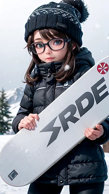 1girl, snowboarder, alpine, beanie, goggles, snowing,