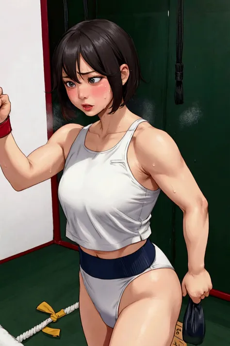 Completely naked、Kicking the punching bag、 training、 Sweat gushing forth、Mature Woman、 short bob、