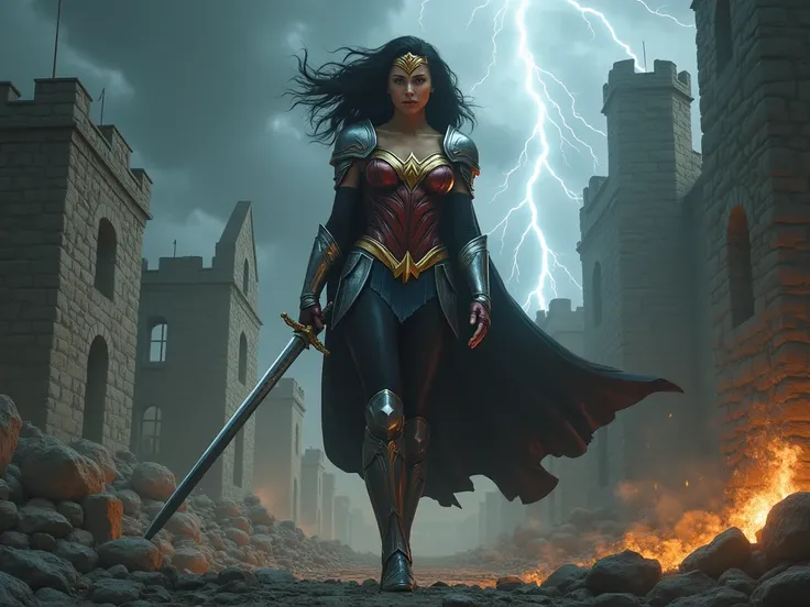 Full body view of a beautiful European with black pantyhosed long legs looking like wonder woman in her armor and boots, wearing a sword and golden necklace, fighting a battle in front of castle ruins, thunderstorm in the background