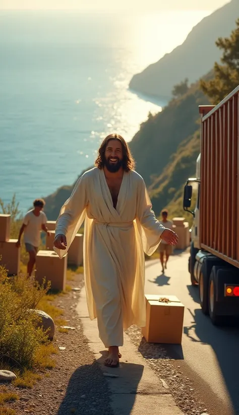 Jesus in white happily joined everyone in picking up the scattered boxes everywhere onto the truck., on the asphalt road along the mountain overlooking the beautiful sea. 