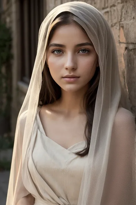 A beautiful woman on a street in a Jewish village, beautiful detailed eyes, beautiful detailed lips, extremely detailed eyes and face, long eyelashes, wears a linen veil on her head symbolizing purity, best quality, 4k, 8k, high resolution, masterpiece: 1....