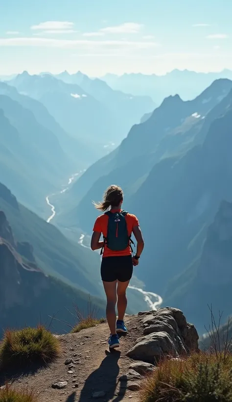 Create a backcountry athlete who is trail running and who is at the top of a mountain watching the landscape