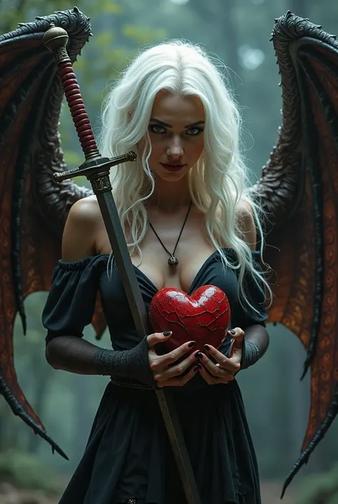 A lust fused woman, white flaming hair, and dragon wings. shes holding a sword in one hand and a human heart in her ither