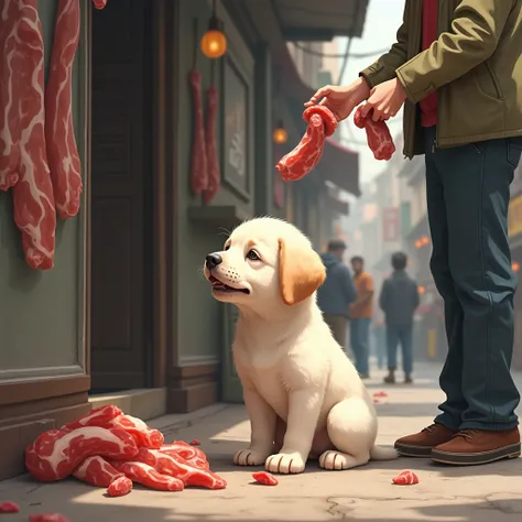 Meat shop, Poor Puppy  stand by mest shop, people give him meat,white puppy