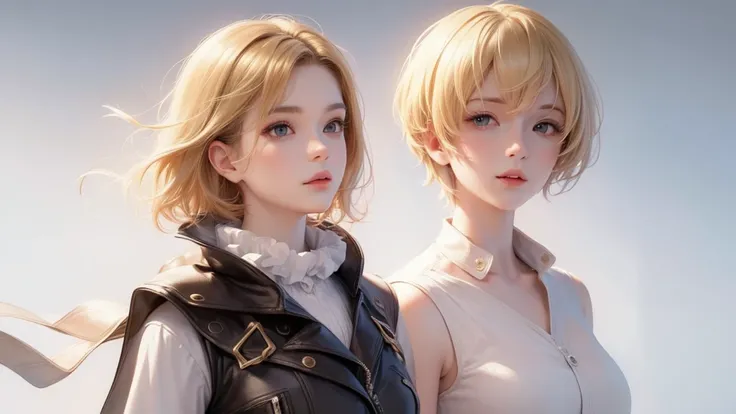 1 female,beautiful, masterpiece,  Best Quality ,  white background, Takahashi and Yaya , concept art, blond,short hair