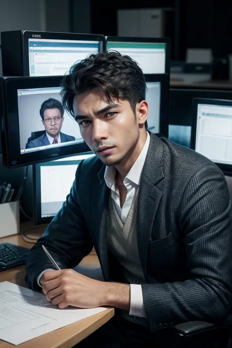 man in an office room working as an operator on the stock exchange, with his face facing the photo, with dark skin and a little strong