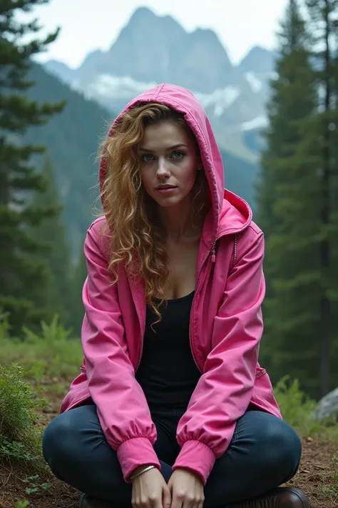 Blonde, very curly hair, blonde, beautiful 35-year-old woman in a short pink jacket with a hood is sitting in a forest with a mountain view. Woman with green eyes and thin face, with macabre smile and thin lips