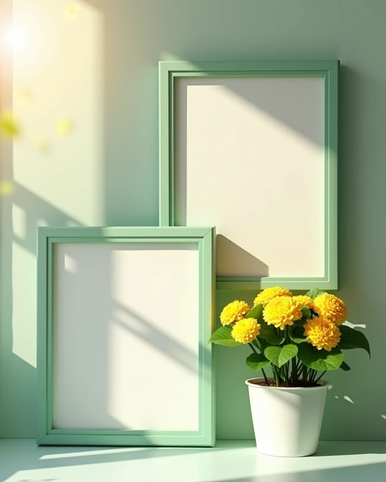 Realistic photography style. Two light green wooden framed screens. A bright yellow waxberry potted plant is placed in the lower right corner, adding natural life and energizing the overall picture. The background is bright and outdoorsy, with soft sunligh...