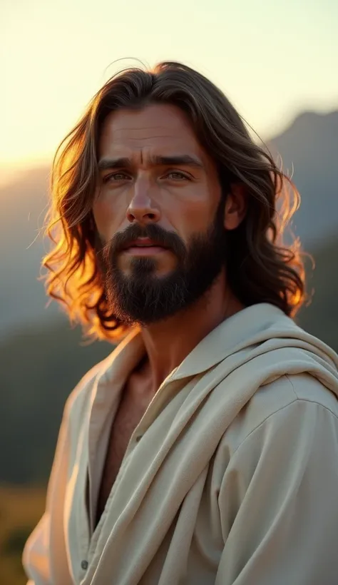 " A serene man with an appearance inspired by classic representations of Jesus .  she has long, wavy brown hair ,  well-groomed beard and warm, expressive features .  He wears a simple white tunic .  He is looking directly into the camera lens with a peace...