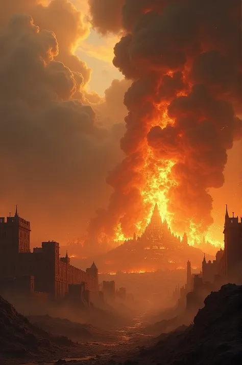 Fire and Destruction **:  The city of Jericho burning ,  with flames and smoke rising to the sky ,  symbolizing the destruction of evil and the dedication of the city to God.