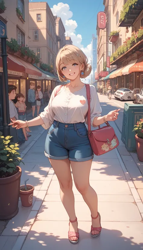 toddler girl,  mature woman, on the sidewalk in a metropolis, smile, holding hands