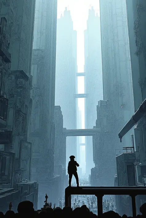 On the panel,  the protagonist Killy is alone in the middle of an immense and desolate futuristic city.  It is standing on an elevated structure ,  observing the landscape that extends infinitely around it . The architecture is monumental and labyrinthine ...