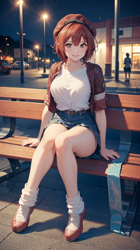 (1) A woman is sitting cross-legged on a bench. (2) The woman is a gal, with a ish face but heavy makeup. She has short red hair. (3) The woman is wearing a short t-shirt t and loose socks (4) The womans expression is a smile. (5) The location is a park be...