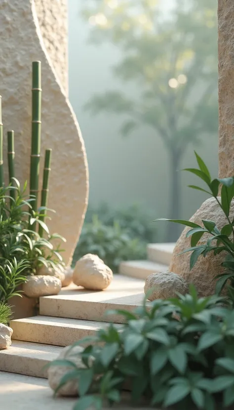 Mix bamboo textures,  ecological bricks and natural fibers ,  symbolizing sustainable materials .