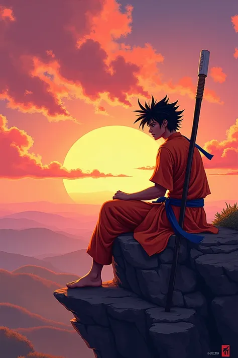 "Create a dramatic bollywood -style illustration of a warrior with spiky black hair sitting on a rocky cliff during a vibrant sunset. He is wearing an orange martial arts outfit with blue accents and a belt, holding a long staff resting on the ground. The ...