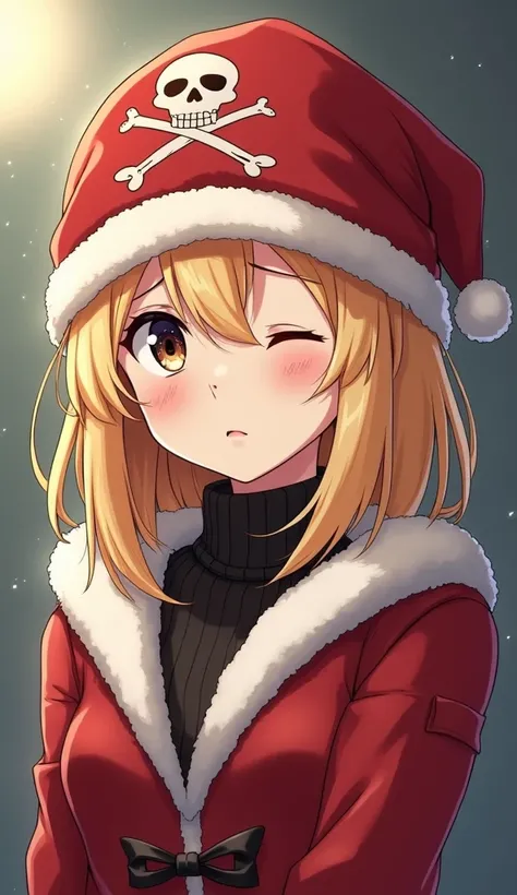 woman, medium straight blonde hair, pirate style bandana on her head, right eye closed, left eye open, Christmas coat, tired expression, portrait, 2.5D anime Style