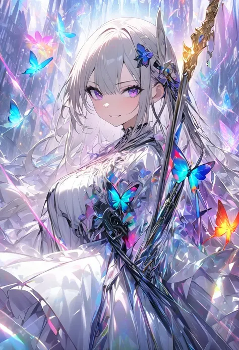 (masterpiece,  best quality :1.2,UHD,High Resolution), colorful ,  1 girl, Gray Hair,  purple eyes,  dual weeding that destroys reality , sword,  has a sword, Blue Flame, Shine, Shine武器,  light particles , wallpaper,  Chromatic Avalation,  Too Much Exposed...