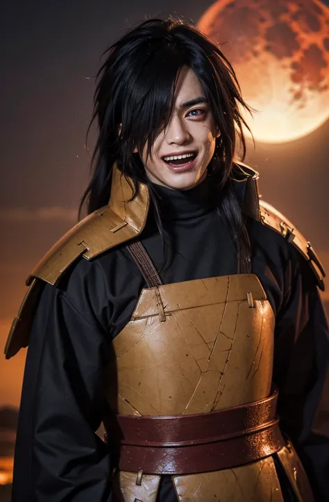 superhero cover book, uchiha madara, long hair, evil laugh, hair over one eye, red eyes, glowing eyes, Mangekyo Sharingan eye, mix of ronin armor and kimono, face closeup, blood moon, 