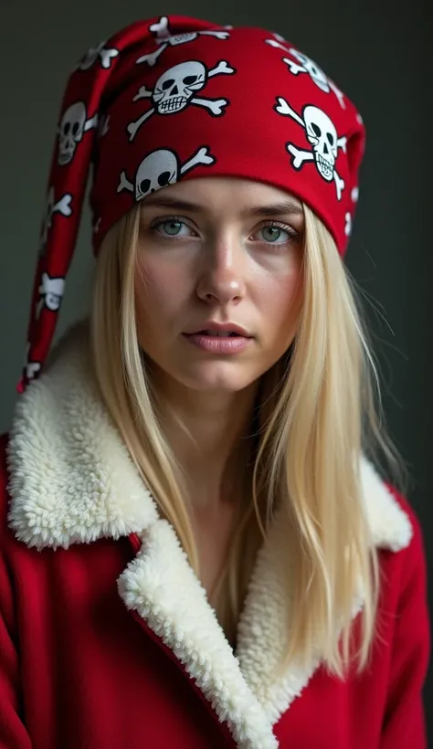 woman, medium straight blonde hair, pirate style bandana on her head, right eye closed, left eye open, Christmas coat, tired expression, portrait