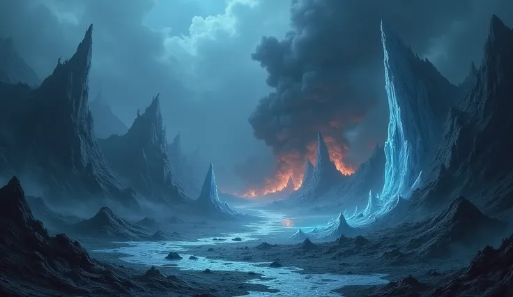  image of a cave in Tartarus , o inferno de gelo e de fire da Mitologia grega,  horrible place with geyser lakes , fire, smoke and blue ice 