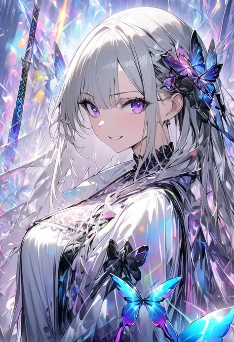 (masterpiece,  best quality :1.2,UHD,High Resolution), colorful ,  1 girl, Gray Hair,  purple eyes,  dual weeding that destroys reality , sword,  has a sword, Blue Flame, Shine, Shine武器,  light particles , wallpaper,  Chromatic Avalation,  Too Much Exposed...