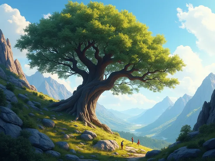 Picture of a beautiful big tree on a mountainside, The tree should not be cut off but should be seen completely