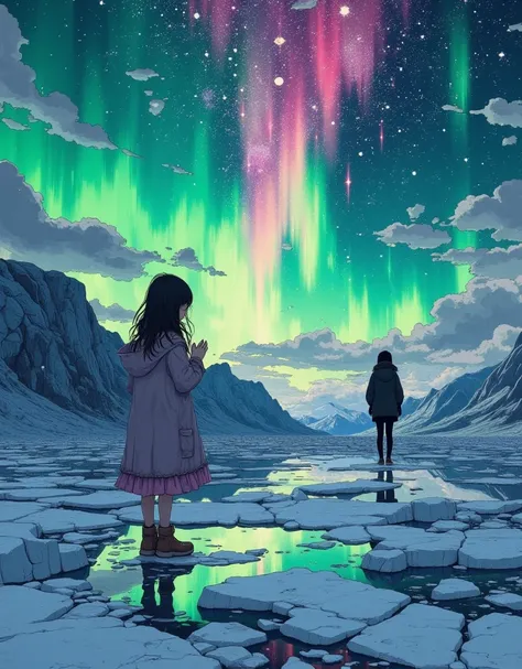 masterpiece, best quality, 8k, highres, ultra-detailed, HDR, UHD, ultra-fine painting, vast glacial landscape under a vivid aurora-filled sky, dancing lights in shades of green, purple, and red, serene and magical atmosphere, young girl standing on the ice...