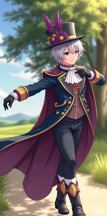  The young boy is wearing an elegant Victorian style costume。What to wear、 a dark blue jacket with gold embellishments and a striped pattern, and 、 consists of matching shorts 。 Wearing a top hat decorated with large purple feathers and ribbons, 、 white la...