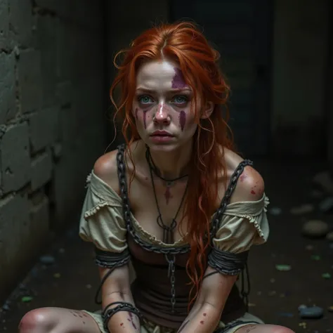  Redheaded woman with messy hair , sad, scared, With tears on my face, suja, tired, Hurt,  with purple bruises,  with blood on his body , scratched,  scarred , Wearing short, torn and dirty medieval clothing, sitting, with legs,  neck and arms tied with ch...