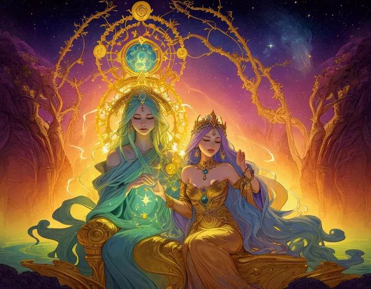 The Empress sits on a mystical throne embedded with vines and gemstones, flanked by ethereal representations of The Magician and The High Priestess. A golden seed glows in her hands, radiating vibrant energy that transforms into blooming flowers and flowin...