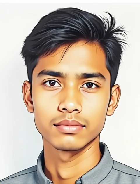 A Passport size photo of a Bangladeshi 22-year-old boy with a white board behind, his face is illuminated by the lights used with the camera, and the boy casts a dim shadow on the board.There was no smile on his face.