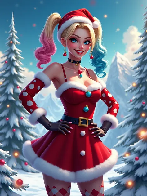 Harley Quinn in Santa outfit, background north pole