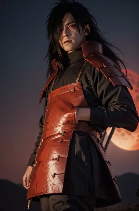 uchiha madara, long hair, hair over one eye, red eyes, glowing eyes, Mangekyo Sharingan eye, mix of ronin armor and kimono, face closeup, blood moon, 