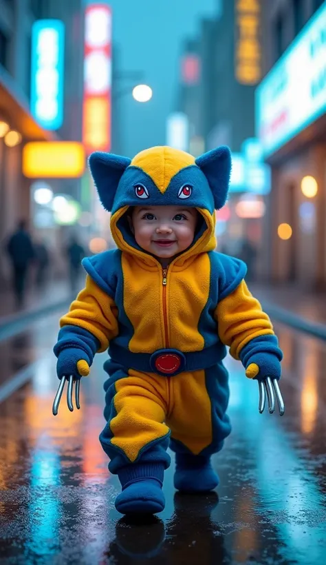 A hyper-realistic 8K image of a baby dressed in a Wolverine-inspired costume, walking toward the camera on a futuristic street. The costume features a vibrant yellow and blue design with soft, plush textures, including toy claws attached to the baby’s glov...