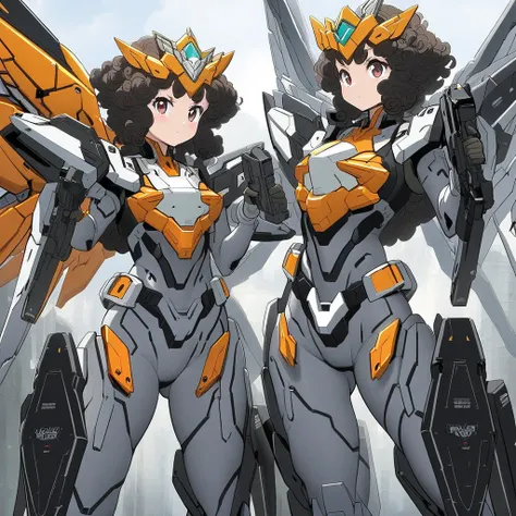 Anime, 3 girls, mecha bodysuit, mecha wings, mecha tiara, holding guns, matching bodysuits, curly hair ( Like Zangyia), curvy body