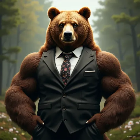 A shoulder and up photorealistic image of a business man, bodybuilder muscular brown bear in a suit. Ultrarealistic, high detail, nature background