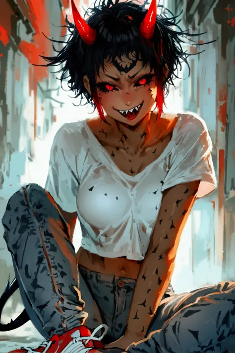 1woman, light skin, red eyes, black schlera, short black messy spiky hair, two black horns coming out from forehead, average breasts, average ass, wearing white t-shirt, gray jeans, red hoodie and sneakers, sharp teeth, demonic tail, cute face, nervous, sm...