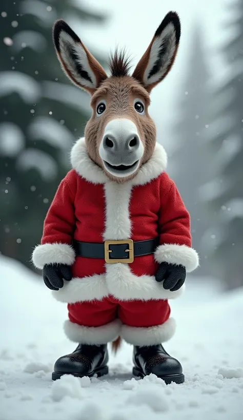 "A donkey dressed as Santa Claus."