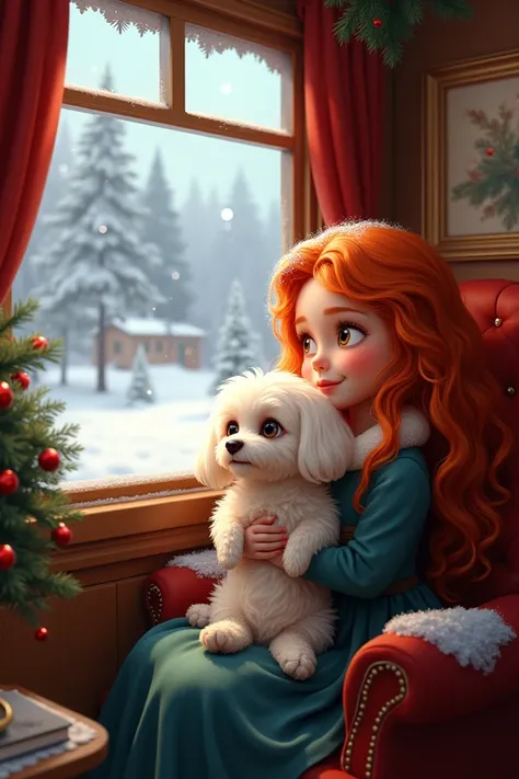 Une petite fille aux cheveux roux longs ondulés est assise sur un siège du train de Noël. Elle regarde par la fenêtre et elle a son bichon blanc dans ses bras. Le paysage dehors est enneigé. Le train est magnifique 