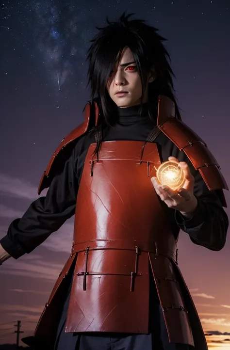 uchiha madara, long hair, hair over one eye, red eyes, glowing eyes, mix of ronin armor and kimono, night sky, purple spiral eyes