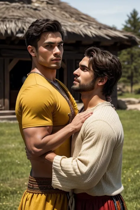 2men 25 years old, a handsome athletic indigenous pequot man, muscular body, intense eyes, strong jawline, tan skin, short dark hair, wearing traditional pequot clothing, rejecting the advances of a flirtatious plymouth blond pilgrim man, pilgrim wearing b...