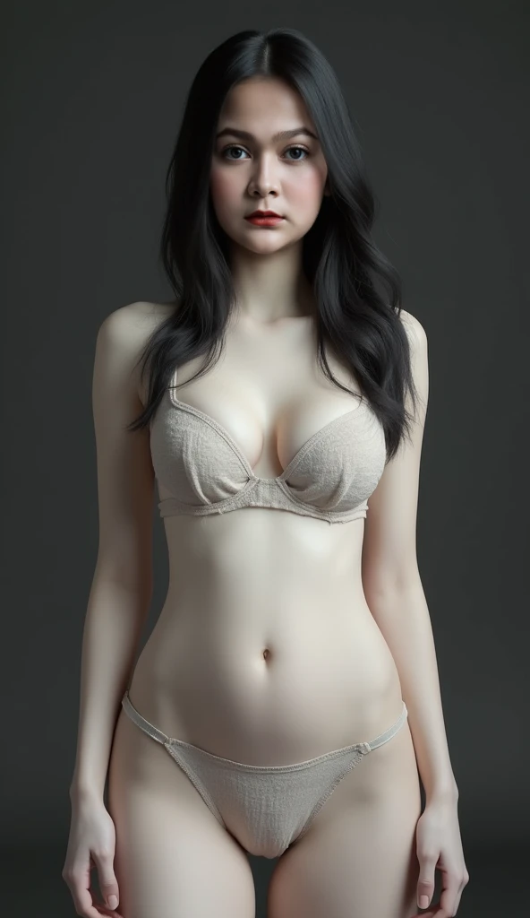 very white skin, full body shot, a beautiful 41 year old woman from Indonesia, 155 centimeters tall and 45 kilograms in weight, small stature, potbelly, slightly fat belly, , wearing bra and underwear, big breast, saggy breast, white skin, has long straigh...