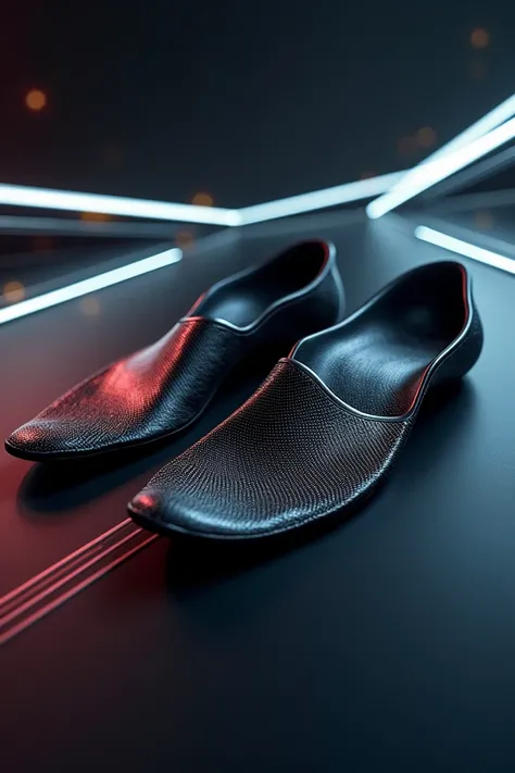  A pair of sports insoles made of carbon fiber ,  with an ergonomic design and textured in glossy black . . They are placed on a futuristic background that incorporates neon lights and visual effects of speed , , creating a sense of dynamism and advanced t...