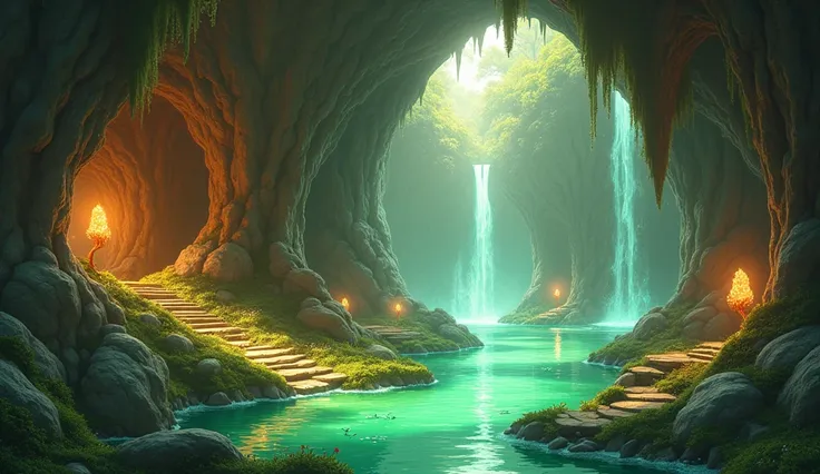  generates a cave background for a fairytale with green and brown water colors, Most animated and anime 