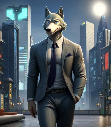 (photorealism:1.2) legoshi from beastars, antropomorphic male wolf, wolf snout, robust bodybuilder muscular body, grey blazer white social shirt, blue eyes, looking to viewer, with hand on pants pocket, sci-fi futuristic city plaza, anthro crocodile sculpt...