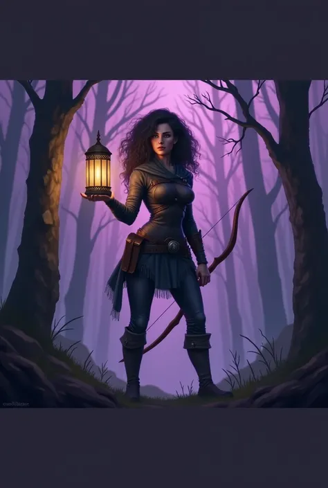  A muscular and strong Warrior woman with a huge shield in her hand and a spear in her other hand. Standing in a forest with the castle tower visible .