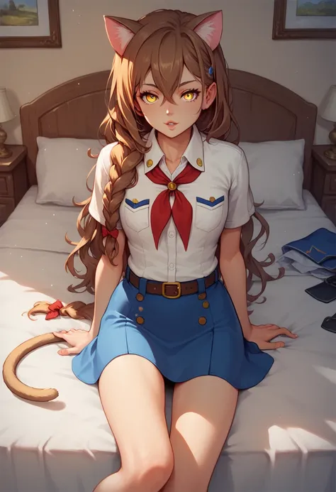 UVAO, score 9, UVAO, cat ears, cat tail, hair between eyes, bow, single braid, long hair, yellow eyes, brown hair,  bed, bedroom , Neat legs, pioneer neckerchief, bang, shirt, clavicle, very tight white shirt, Short sleeves, collared shirt, eyelashes, red ...