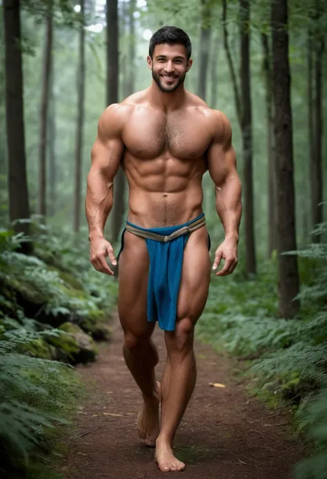 Young muscular male, virile, very attractive, age 25, muscular body, short dark hair, short neat beard, visibly abundant and thick body hair, large round pecs, dense chest hair, abs, powerful arms, short and thin blue loincloth, long legs, barefoot, walkin...