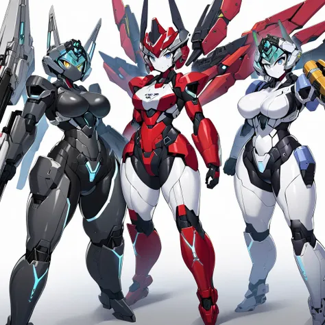 Anime, 3 girls, mecha bodysuit, mecha wings, mecha tiara, holding guns, matching bodysuits, curvy body