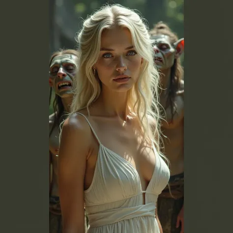 Beautiful sexy girl, White and bright skin, long golden hair, Clear blue eyes, Beautiful and elegant face, Slender and charming figure, princess, naked, big breasts, full-length, goblin slave, ugly old goblins around, kiss on the mouth